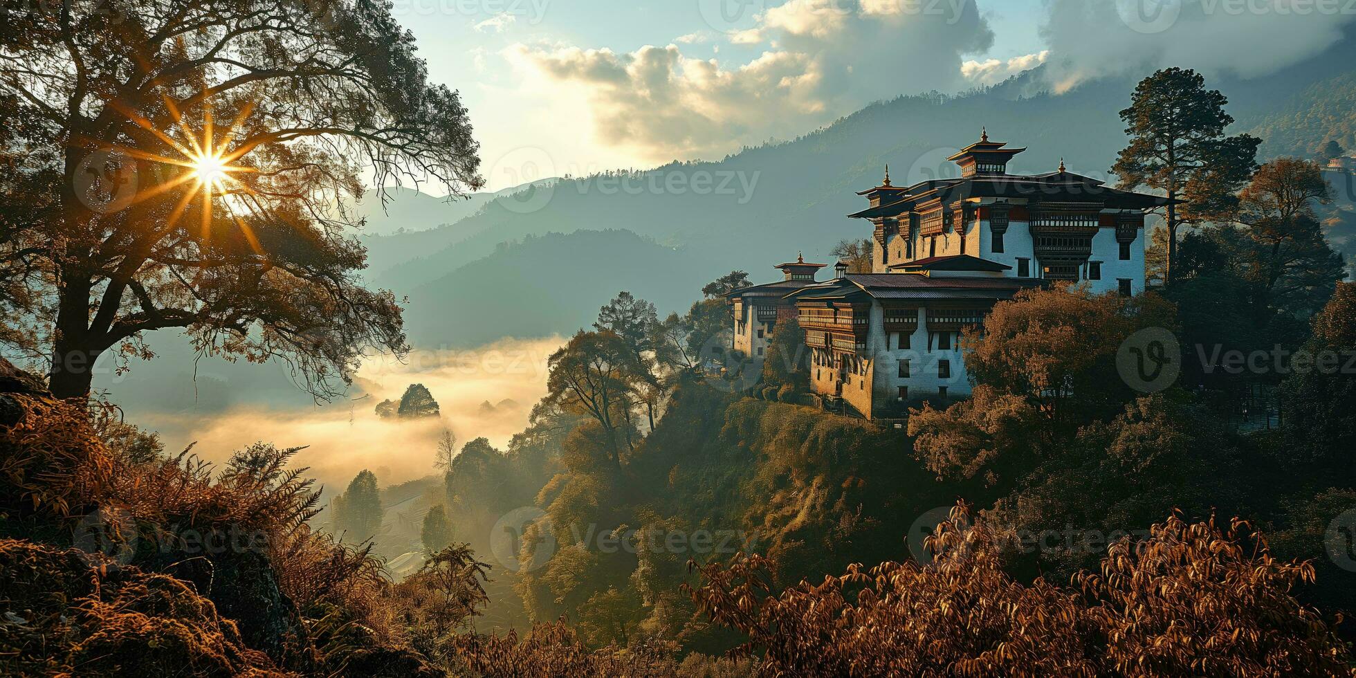 AI generated ancient asian castle on a cliff above a beautiful mountain valley photo