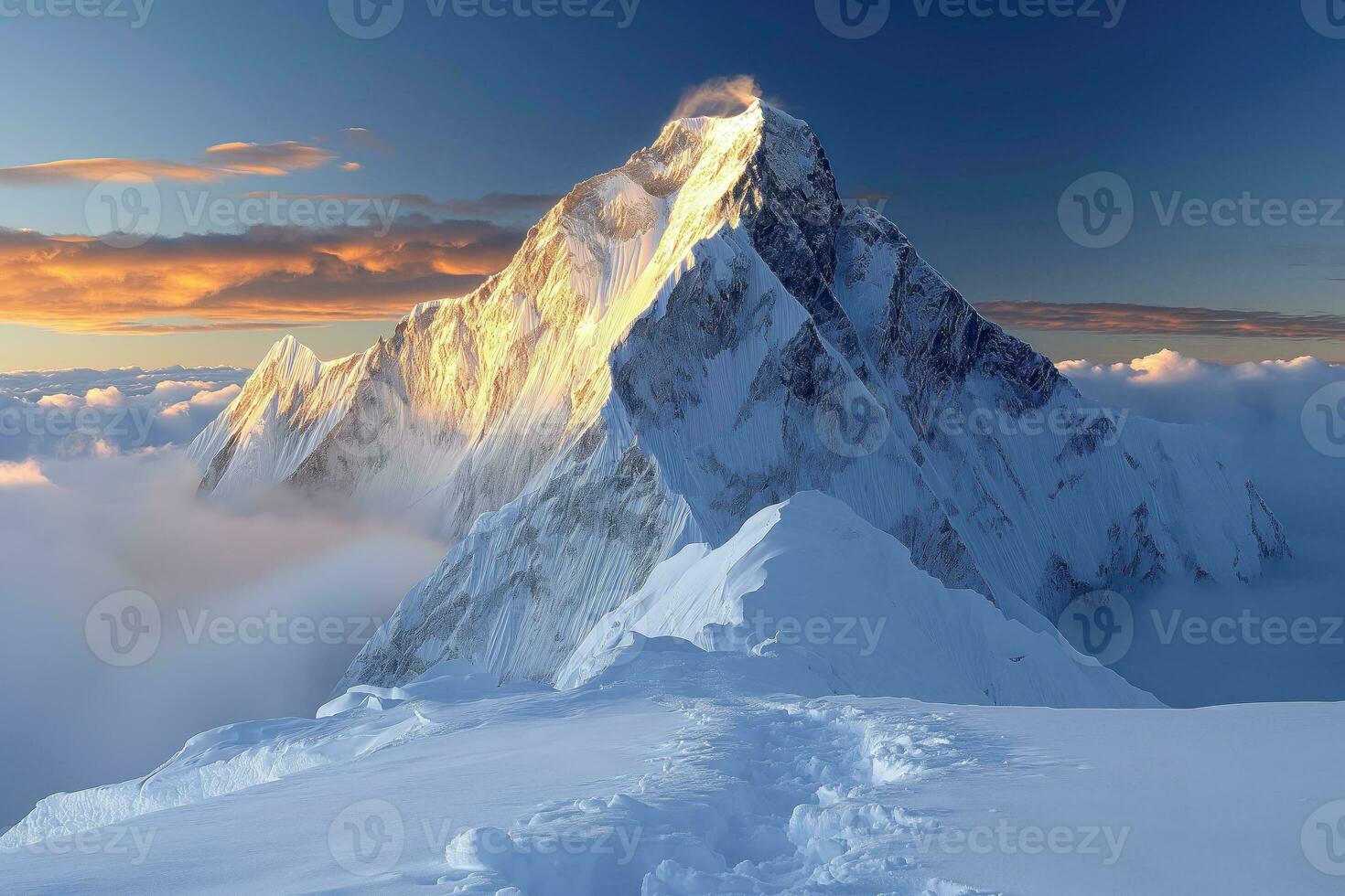 AI generated difficult path to shining peaks, mountain landscape with a climbing path to a distant peak photo
