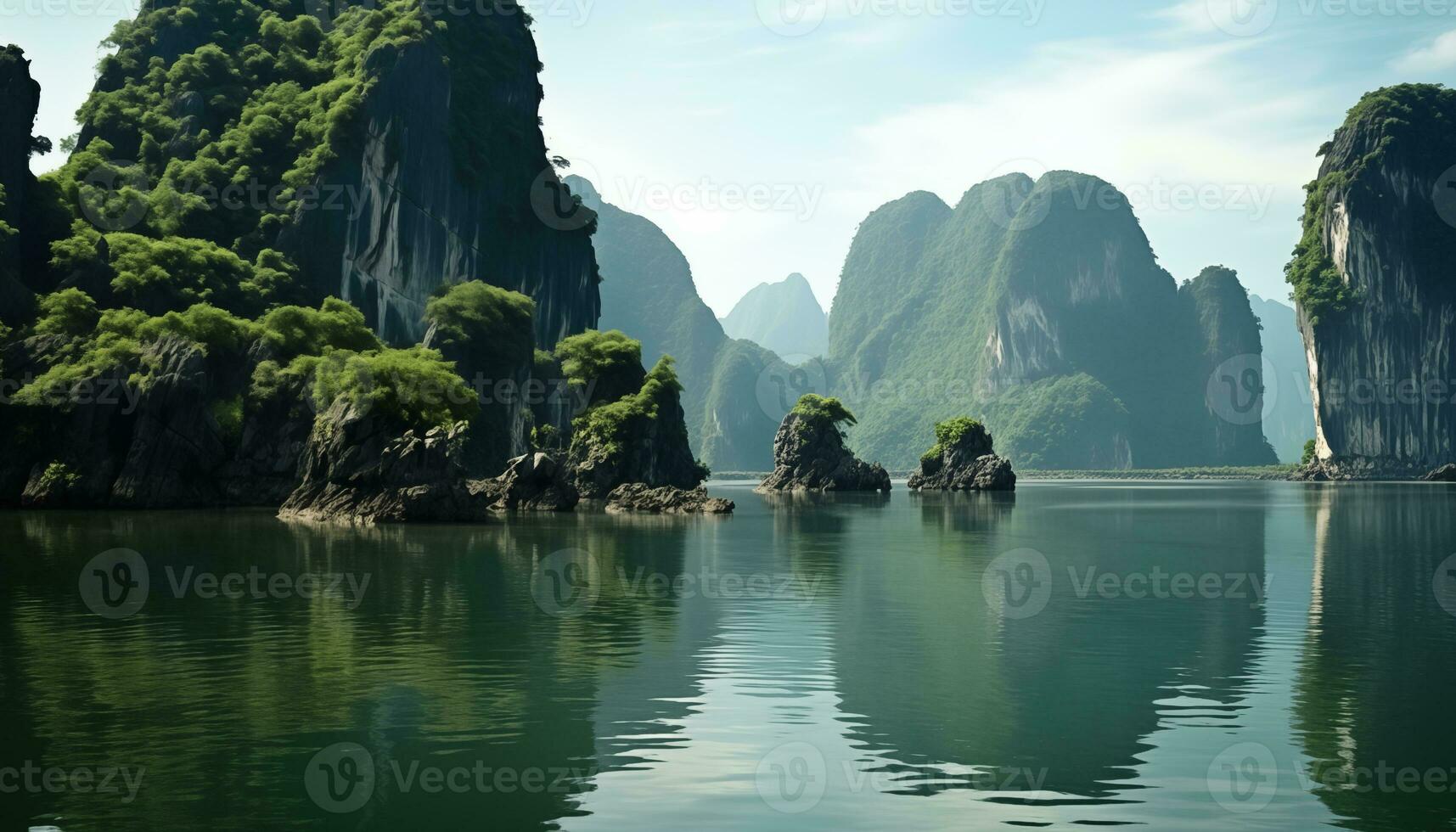 AI generated beautiful landscape of tropical coast with karst limestone islets and cliffs photo