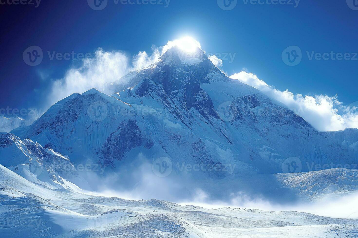 AI generated alpine landscape, the sun shines from the top of a snowy mountain peak photo