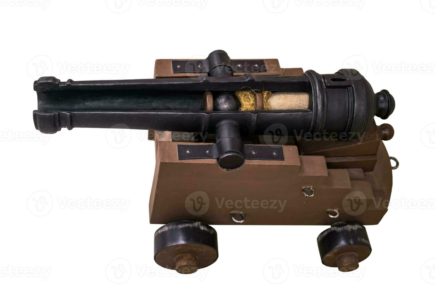 cross-section of an old cast-iron cannon, you can see the charge device, isolated on a white background photo