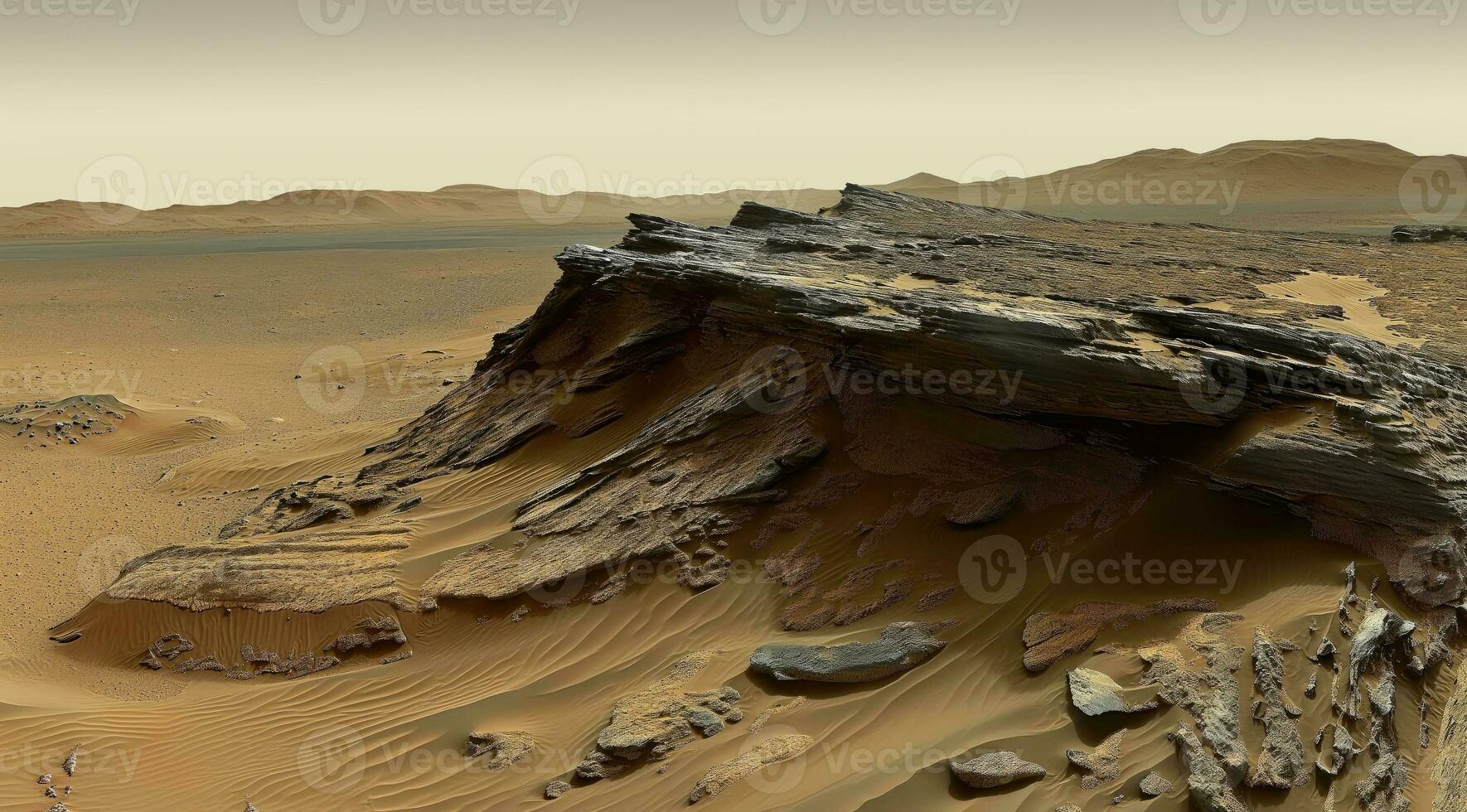 AI generated realistic landscape of the Mars planet, view from the surface photo