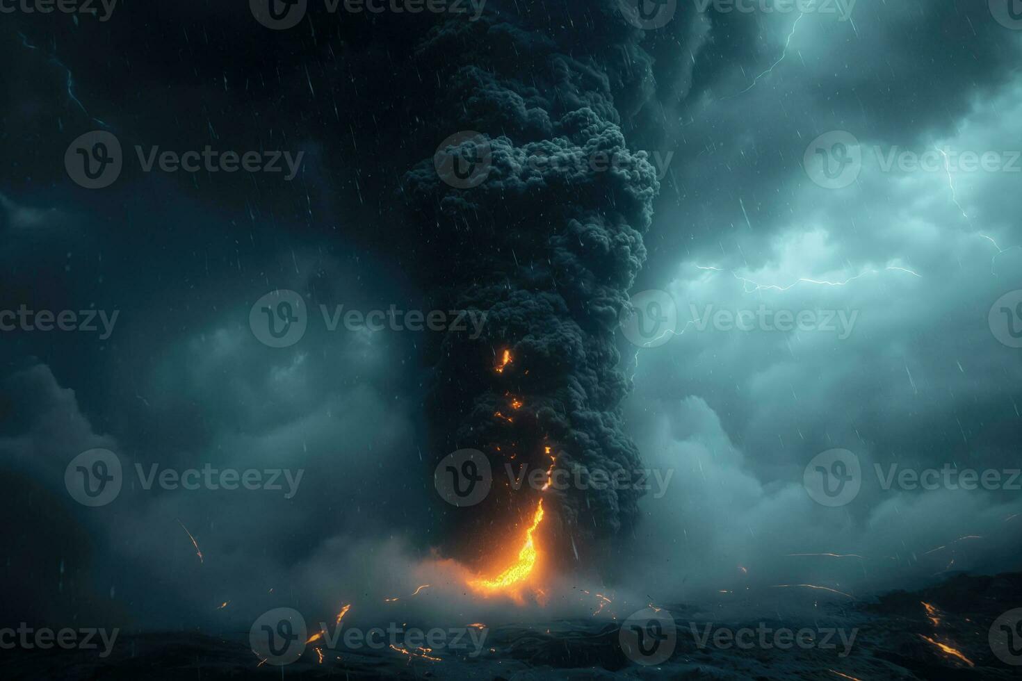 AI generated night volcanic eruption with a column of smoke, lava flows and ash falling from the sky photo