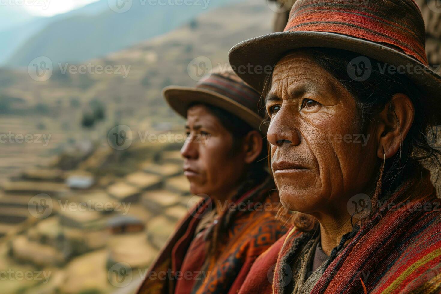 AI generated peruvian people in national clothes against a background of mountainous landscape photo