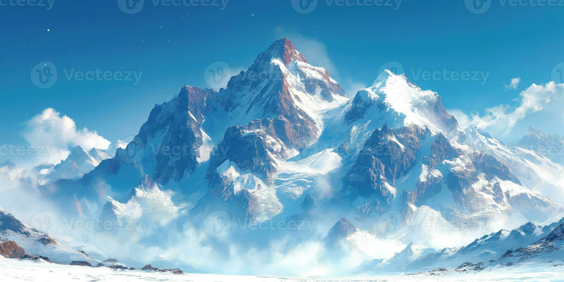 AI generated highland landscape, panorama with snow-covered mountain peak photo