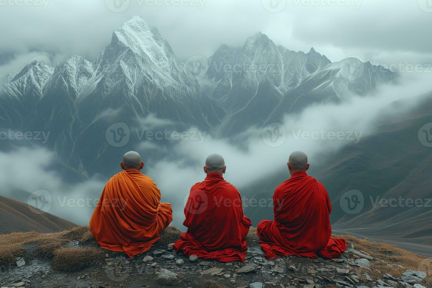 AI generated three Buddhist monks meditate while sitting in the mountains photo