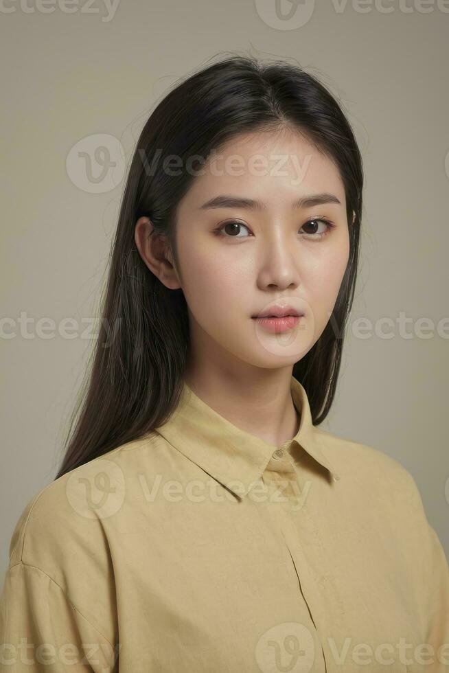 AI generated a beautiful young asian woman in a yellow shirt photo