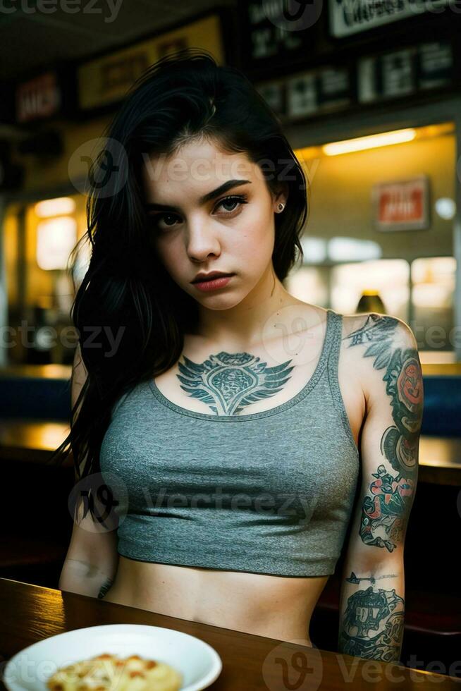 AI generated a young woman with tattoos sitting in a restaurant photo