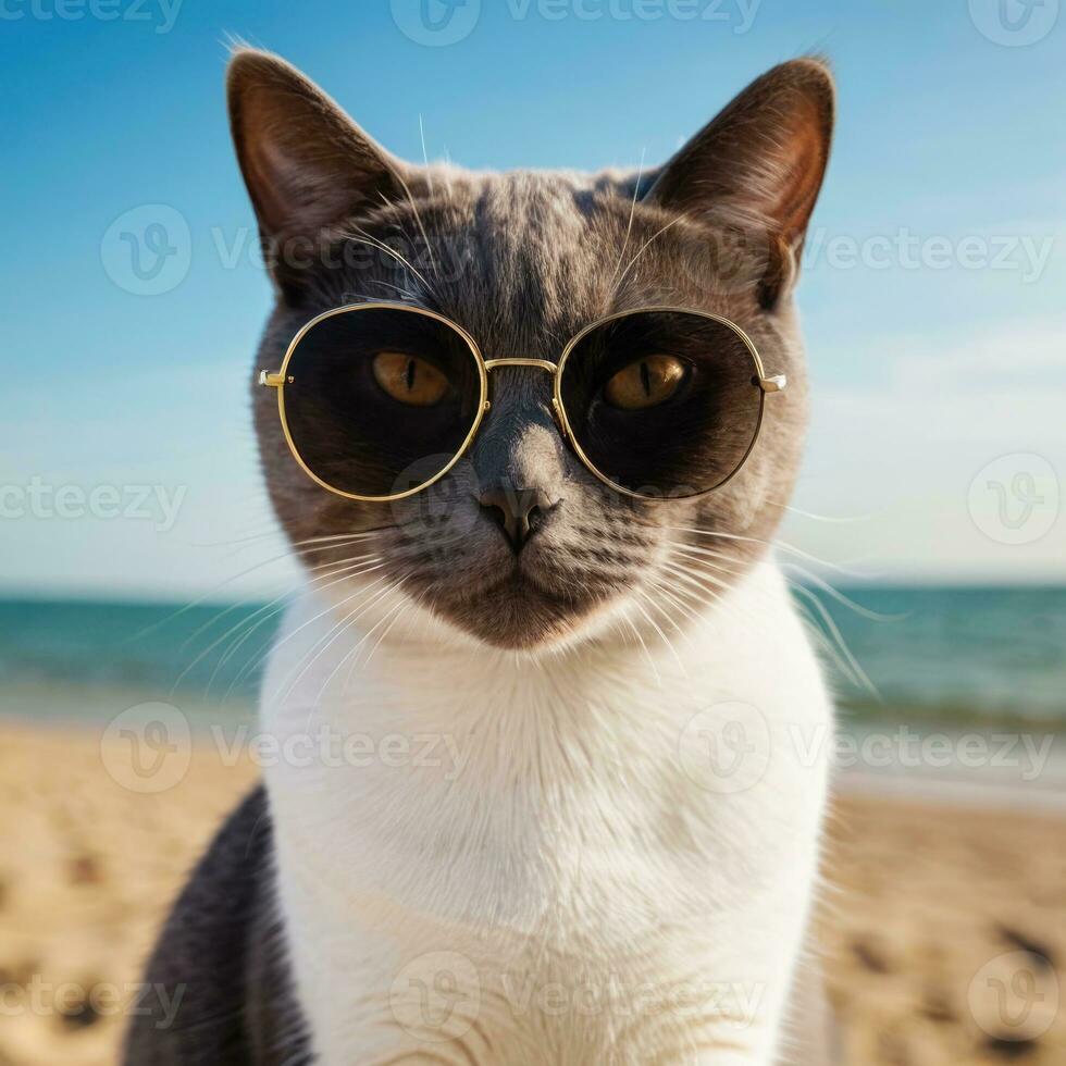 AI generated a british shorthair cat wearing sunglasses on the beach photo