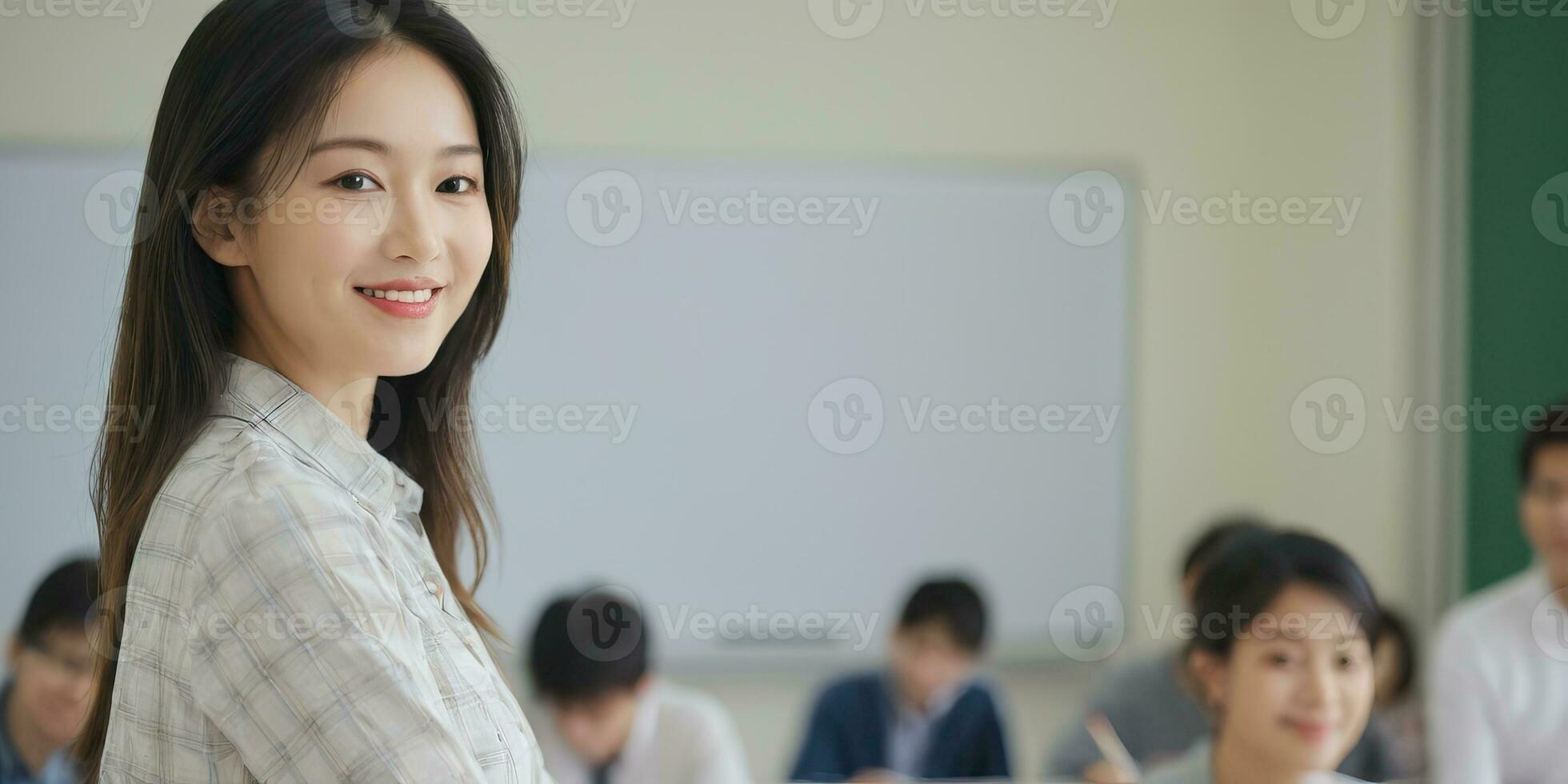 ai generado asiático hembra profesor en salón de clases con estudiantes foto