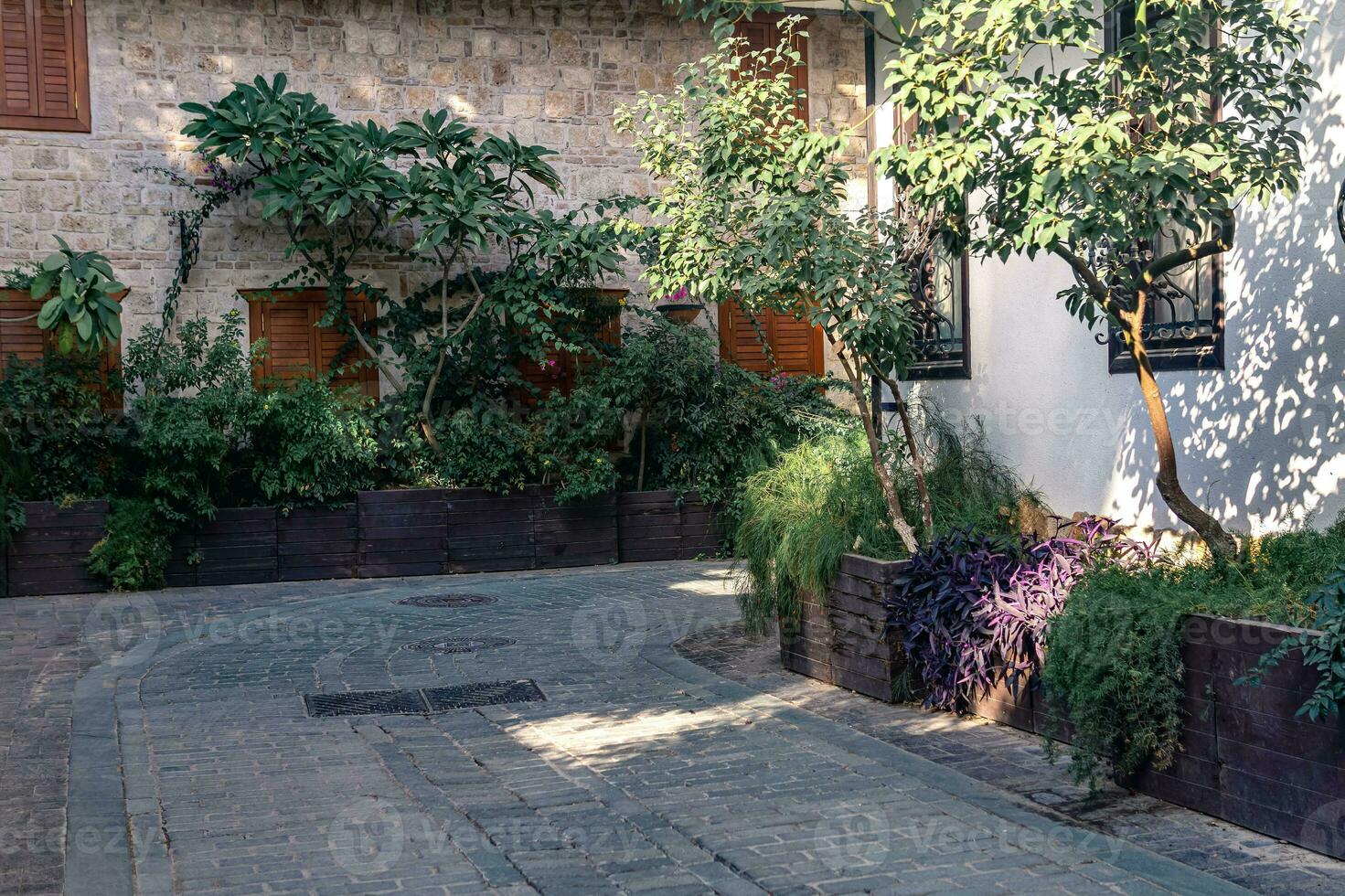 calle de el antiguo pueblo de kaleichi ahora el distrito de antalya, Turquía con numeroso paisajismo a lo largo el paredes foto