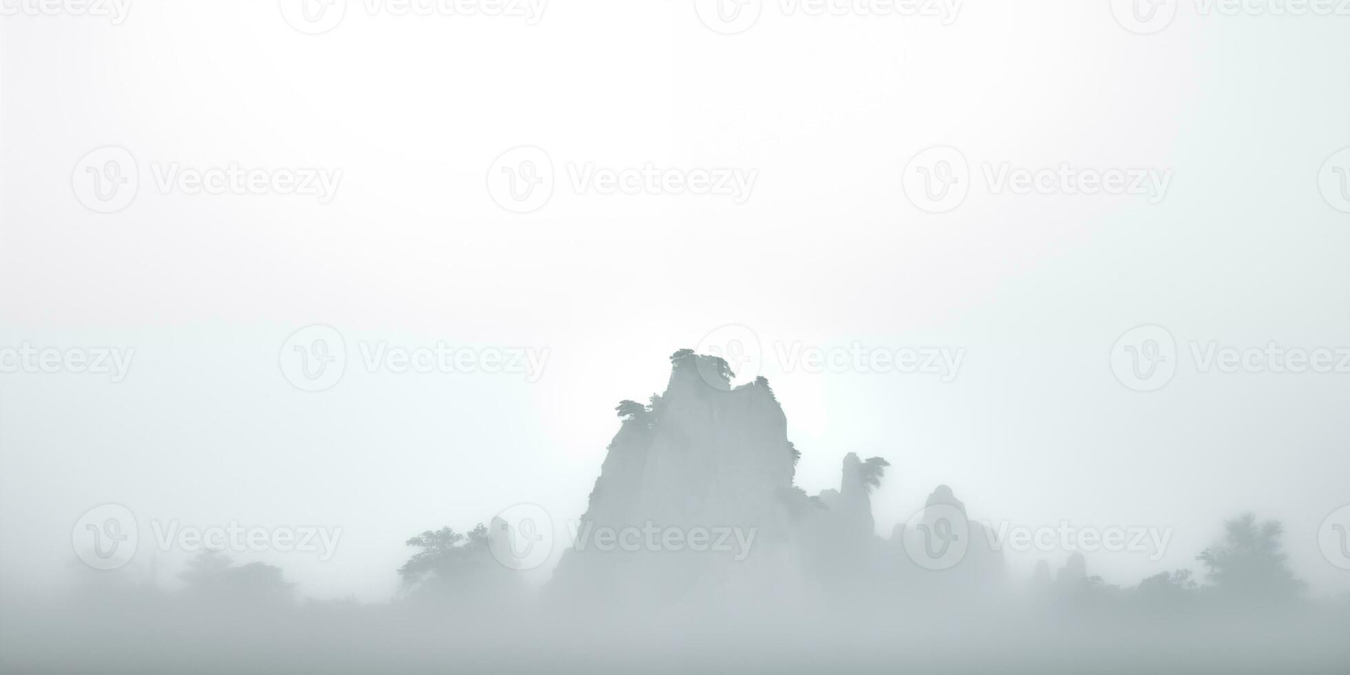 AI generated light foggy background with copyspace, panoramic view of misty mountain landscape in the morning photo