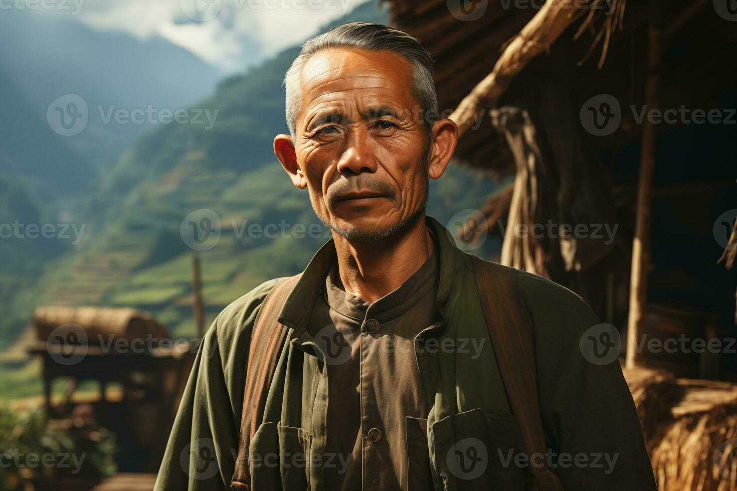 AI generated rural asian aged man against the background of a valley with agricultural terraces photo