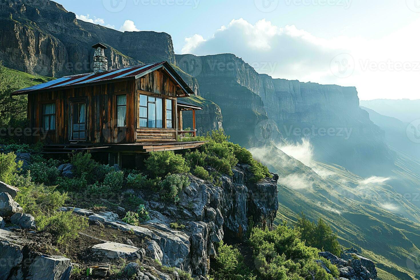 ai generado turista refugio, cabina en el rocoso Valle foto