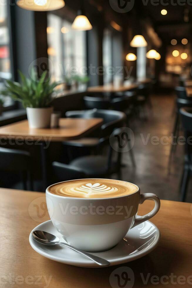 AI generated a cup of coffee sits on a table in front of a coffee shop photo