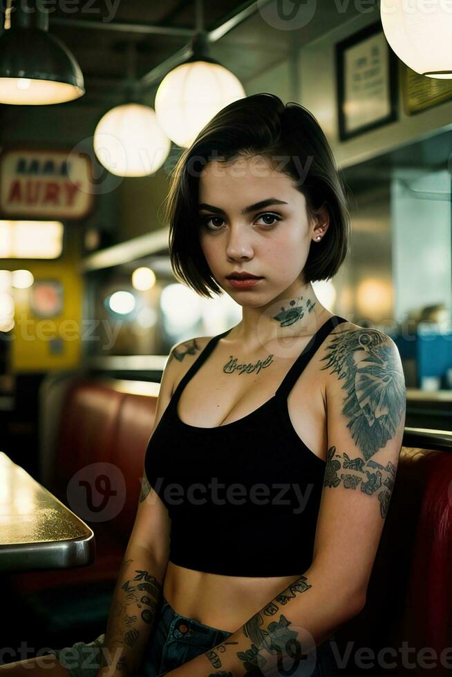 AI generated a young woman with tattoos sitting in a restaurant photo