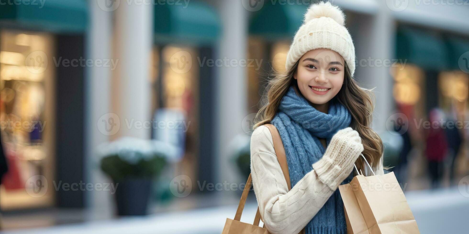 ai generado un sonriente joven mujer en invierno ropa participación compras bolso foto