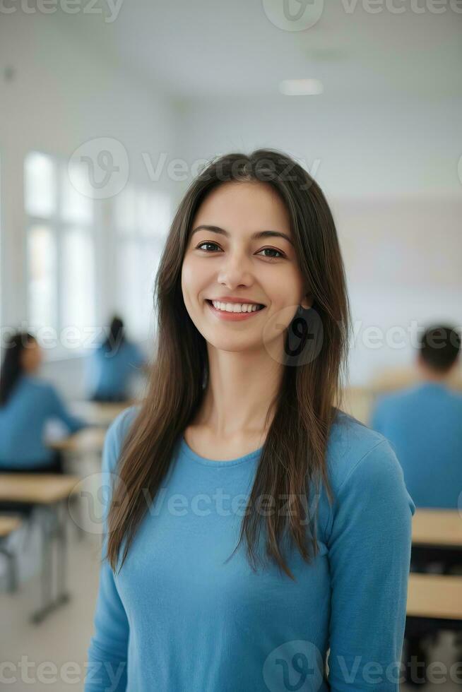 AI generated a beautiful smiling female teacher wearing blue long sleeves in a classroom photo