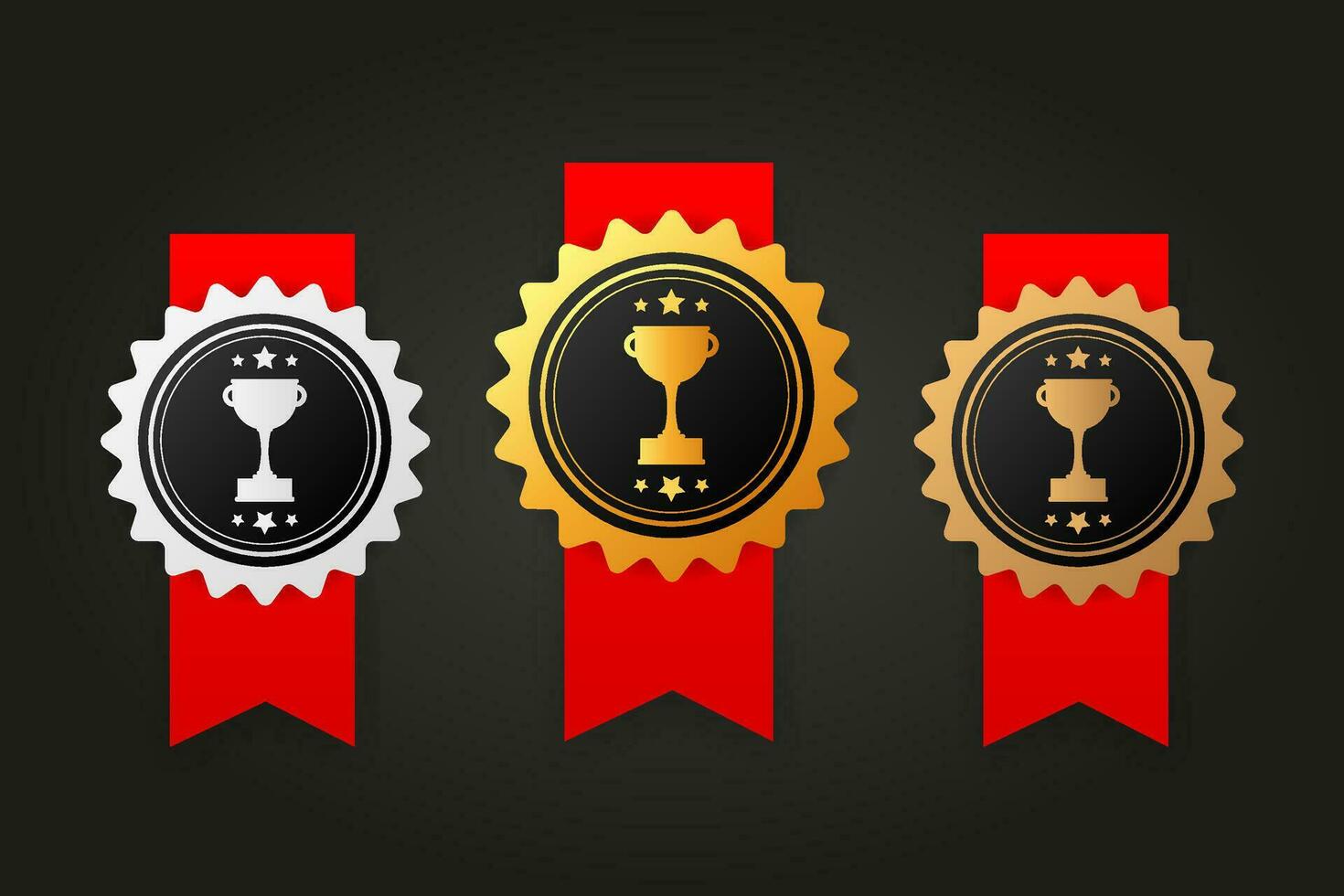 Three rewards winner silver, gold and bronze rubber badge with red ribbon on white background. Realistic object. Vector illustration.