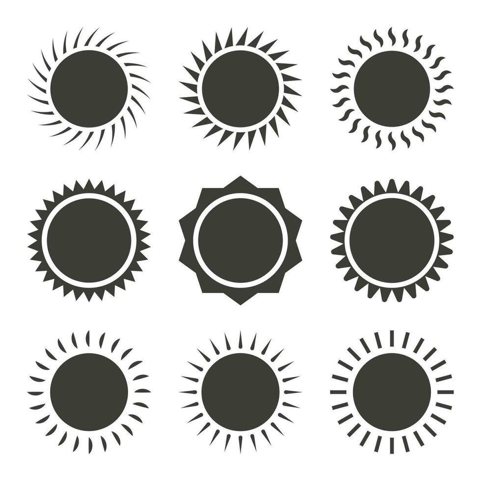 Sketch set yellow sun on white backdrop. Abstract light. Summer objects. Vector illustration.