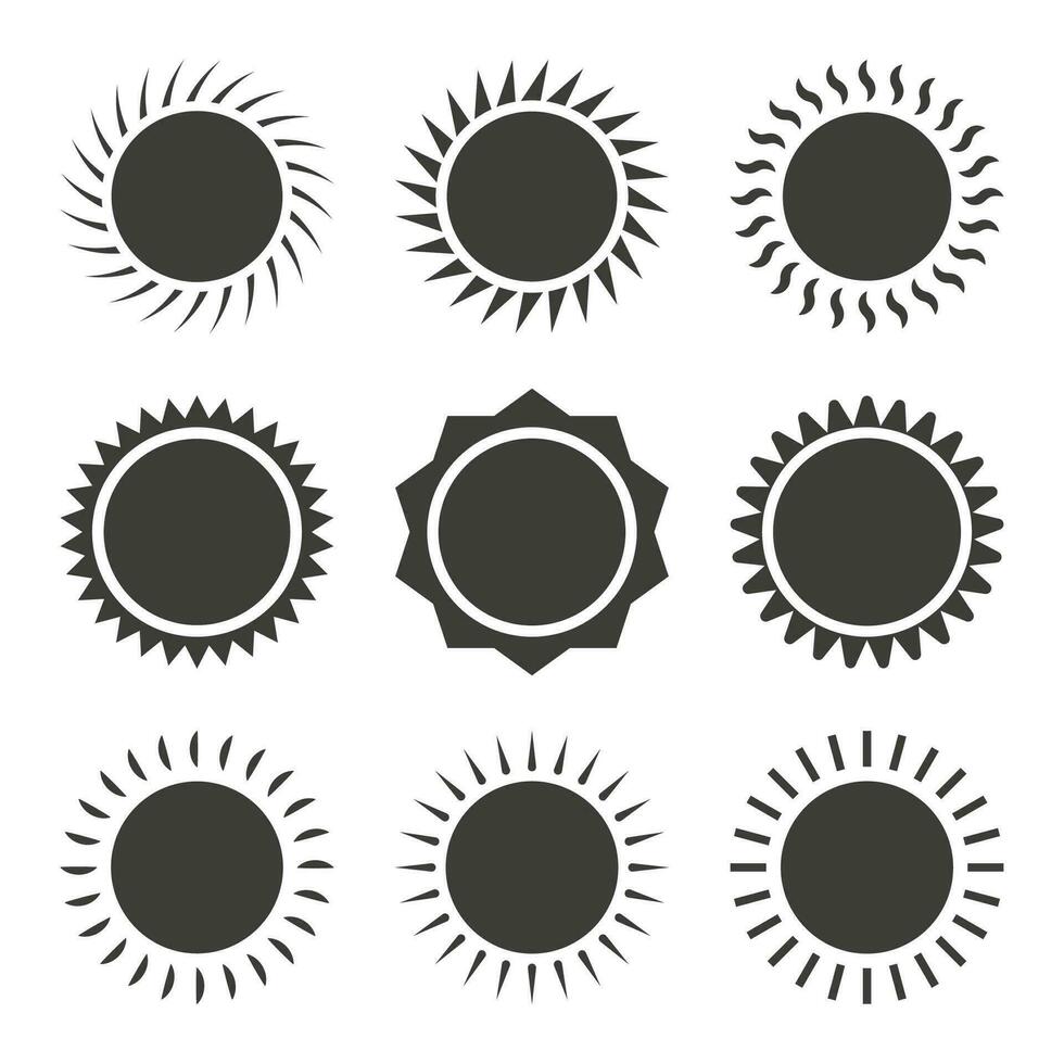 Sketch set yellow sun on white backdrop. Abstract light. Summer objects. Vector illustration.