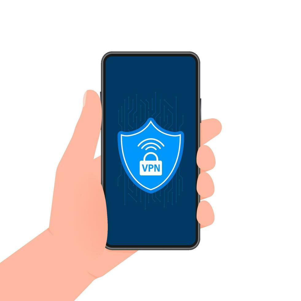 VPN flat blue secure label on smartphone screen. Vector illustration.