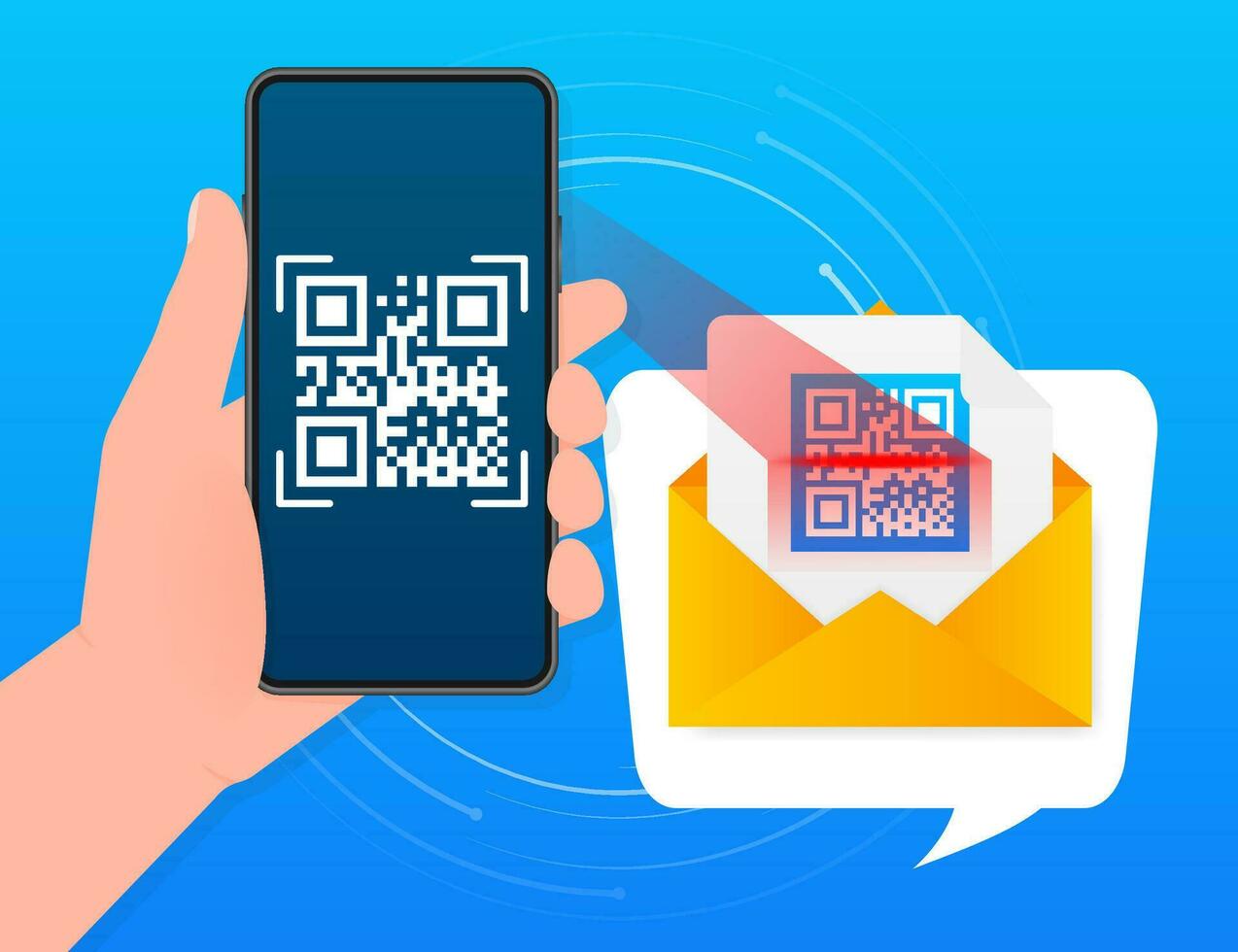 Hand holds phone with scan qr code to pay on screen. Phone on blue background. Vector illustration