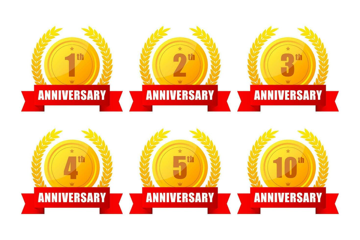 1,2,3,5,10 years anniversary gold button, label, logo on black backgrouund. Vector illustration.