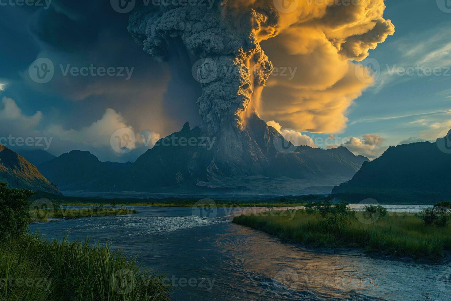 AI generated landscape with a volcanic eruption with eruption column of smoke against the backdrop of a mountain river photo