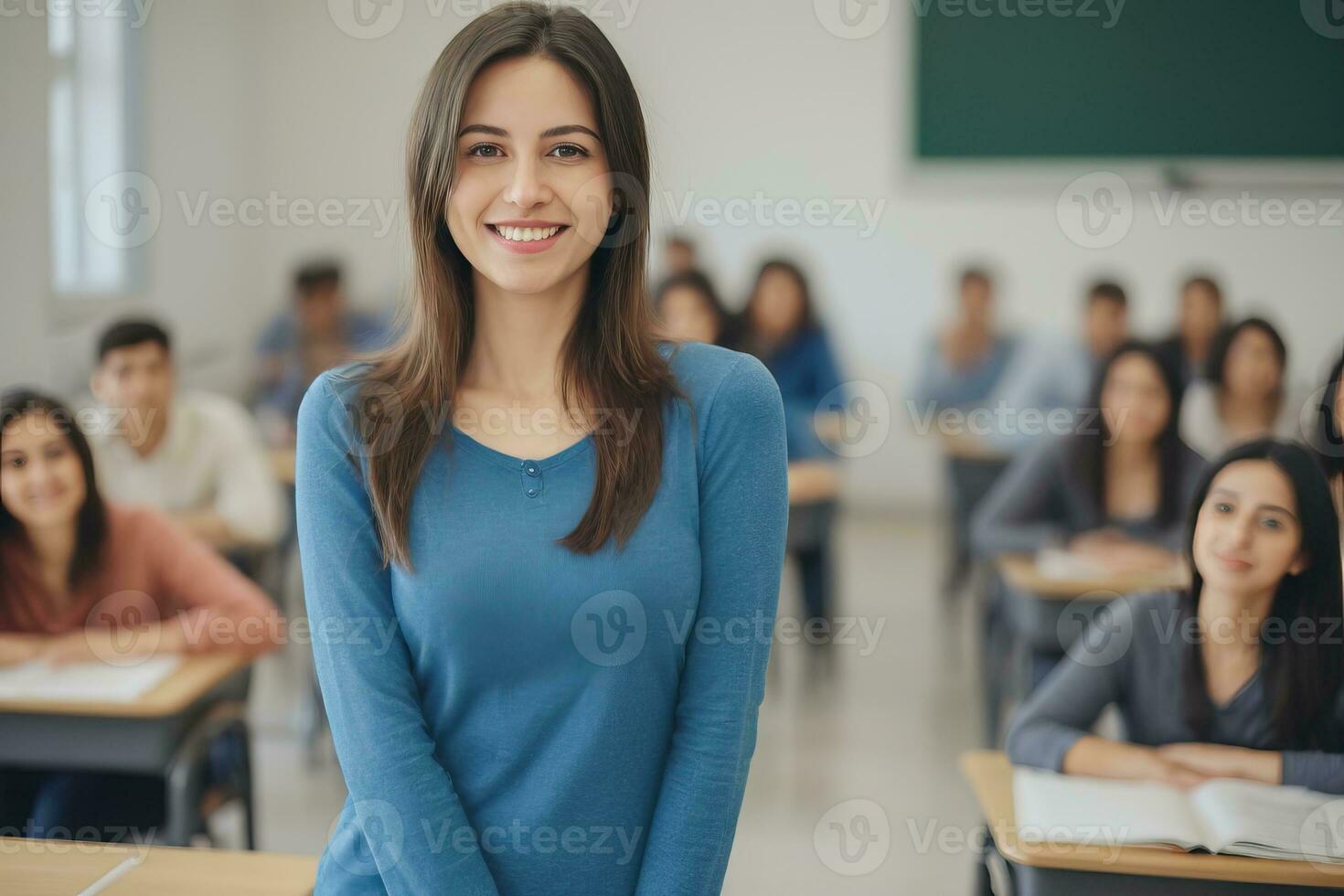 AI generated a beautiful smiling female teacher wearing blue long sleeves in a classroom photo