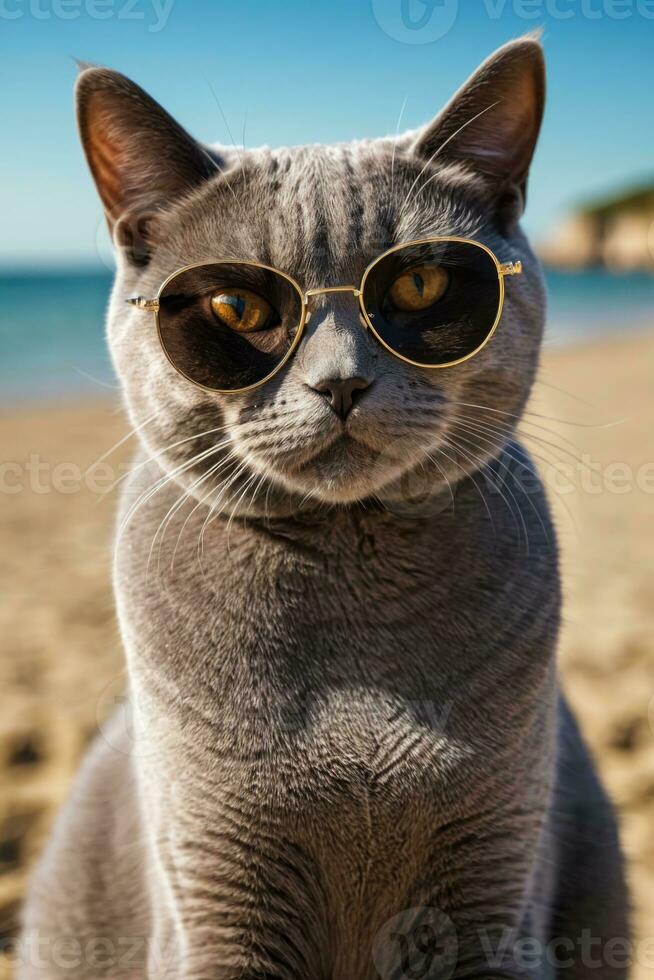 AI generated a british shorthair cat wearing sunglasses on the beach photo