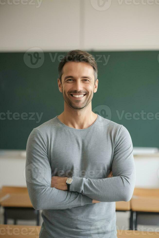 AI generated a handsome male teacher smiles in classroom with students photo