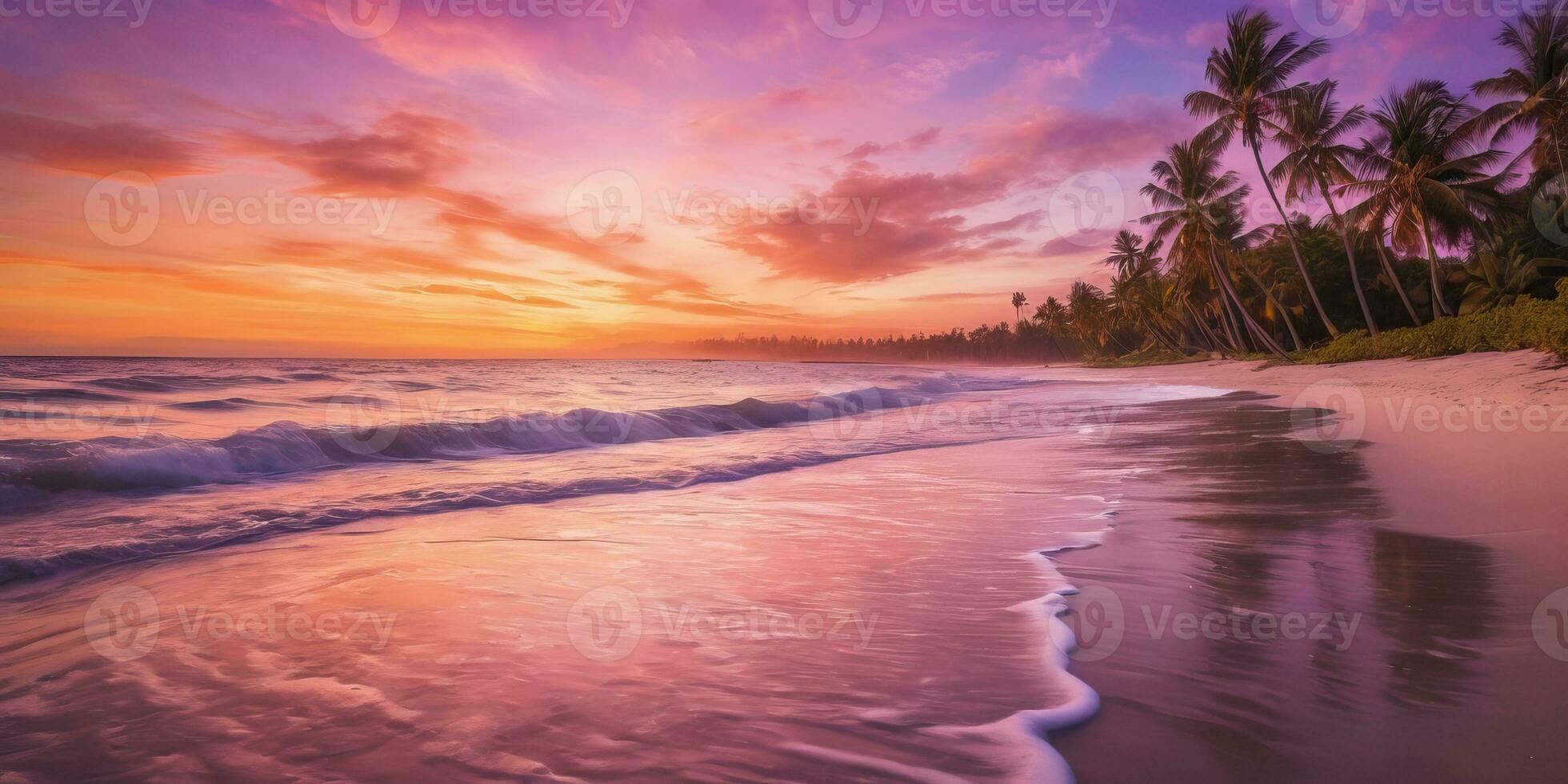 AI generated serene beach at sunset with waves gently lapping the shore photo