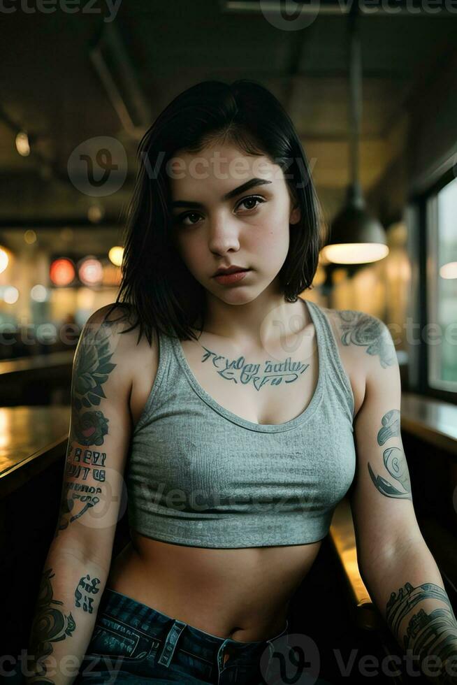AI generated a young woman with tattoos sitting in a restaurant photo