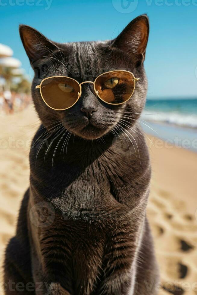 AI generated a british shorthair cat wearing sunglasses on the beach photo