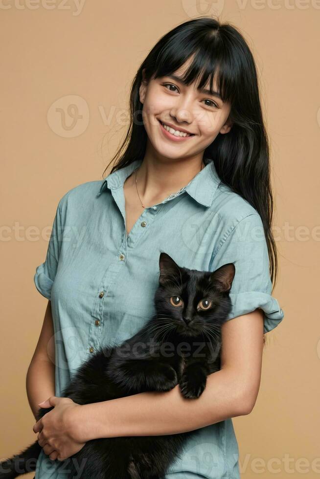 AI generated a young woman holding a black cat on isolated background photo