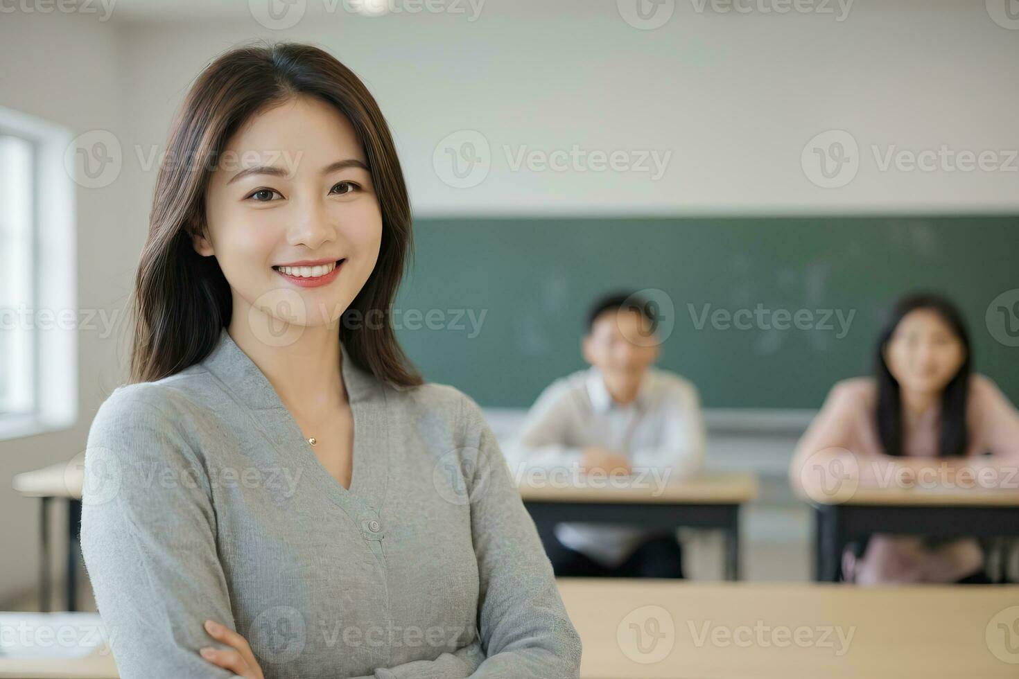 ai generado asiático hembra profesor en salón de clases con estudiantes foto