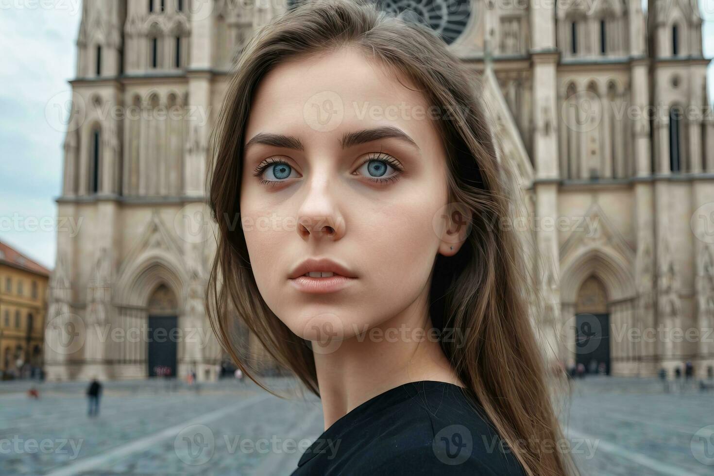 AI generated a beautiful young woman in front of cathedral photo