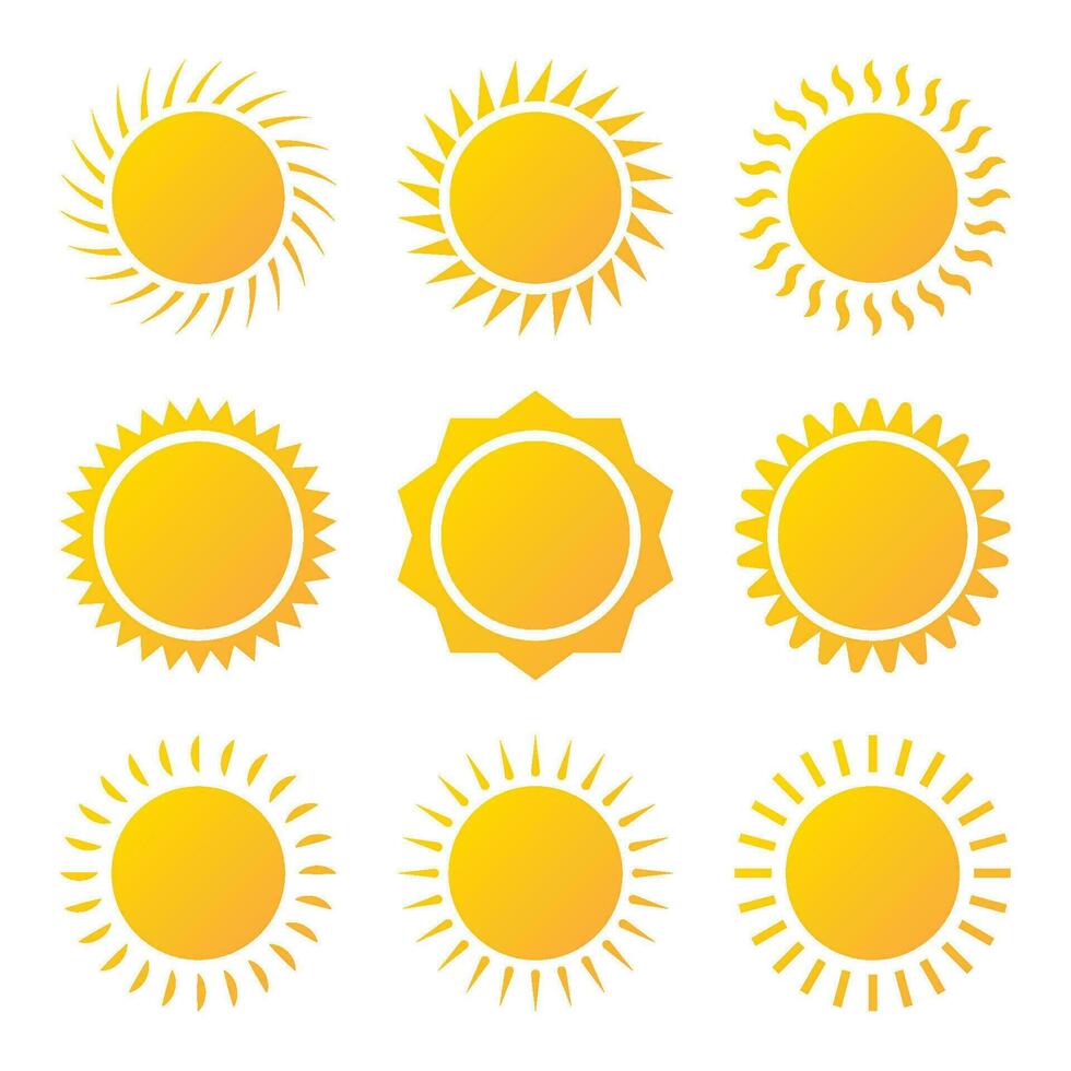 Sketch set yellow sun on white backdrop. Abstract light. Summer objects. Vector illustration.