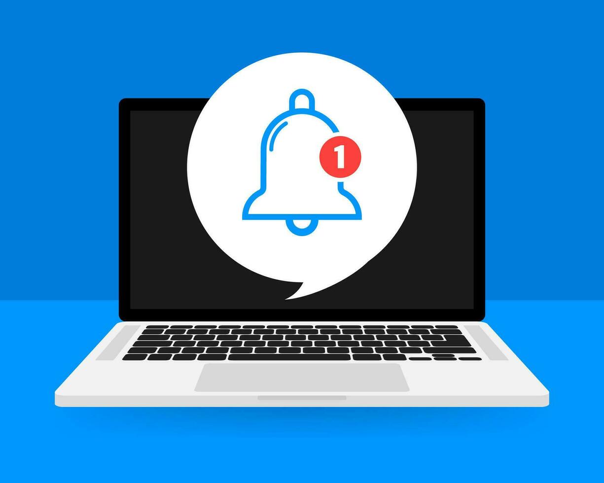 Flat template with bell alert and laptop on blue background for mobile app design. Application interface. Comment sign symbol. Vector illustration.