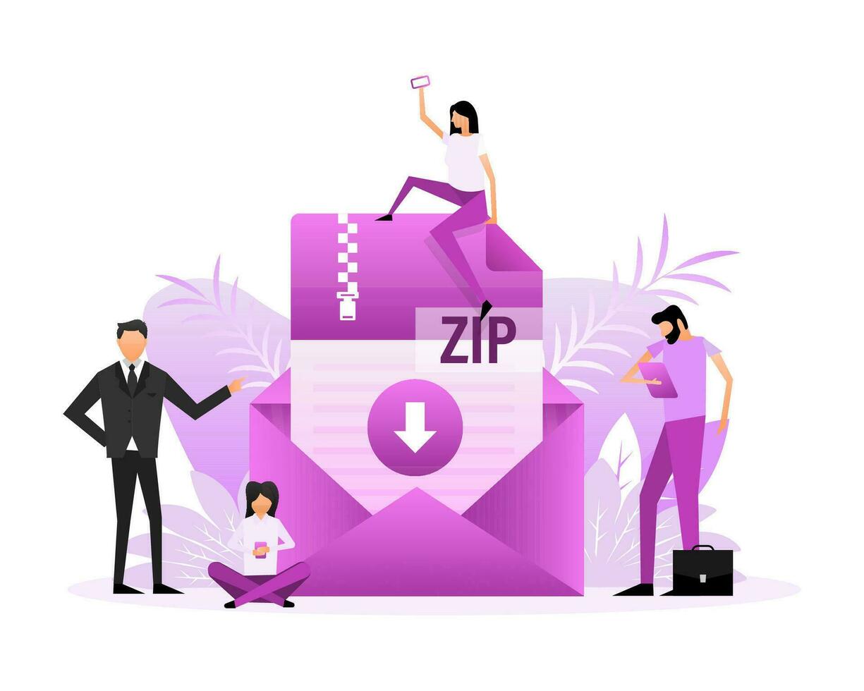 Download zip file. Group of people with zip document. Isometric vector. Icon vector