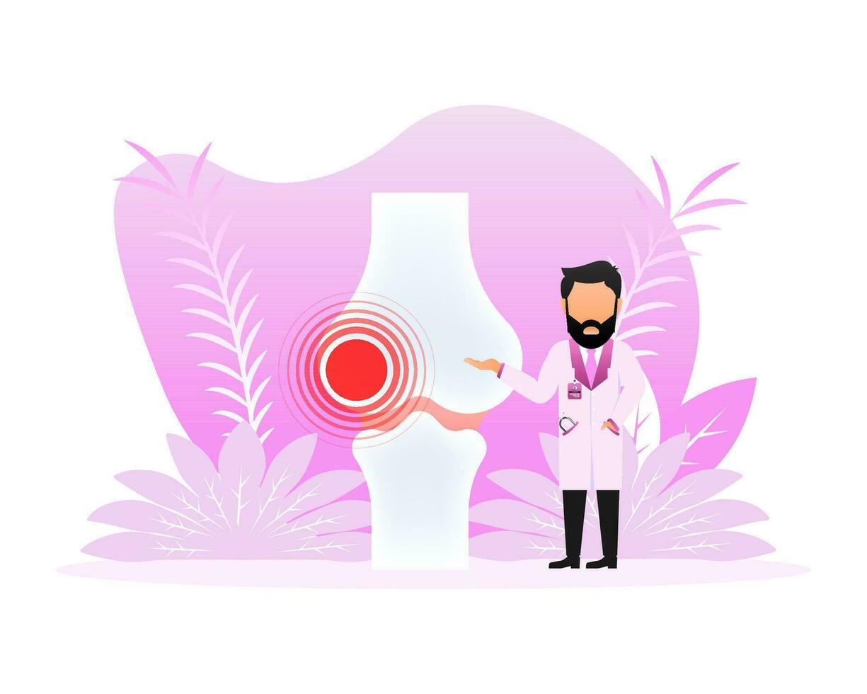 Infographic with joint pain. Human knee bone joint line icon vector