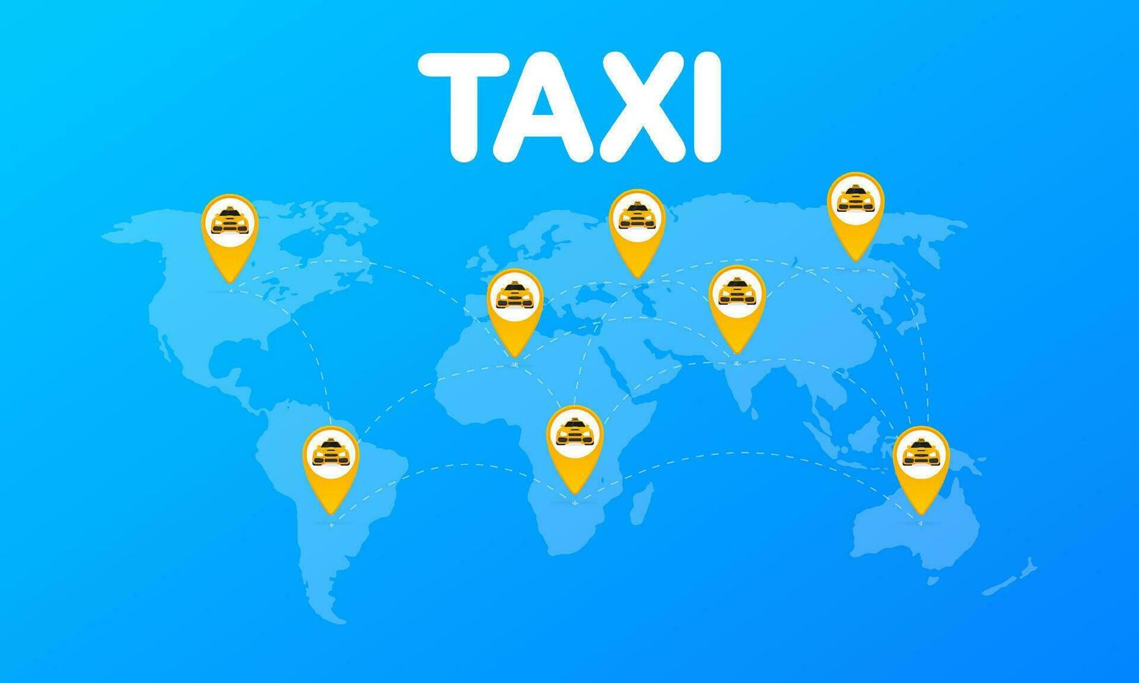 mundo mapa - mapa del mundo con amarillo Taxi punteros plano vector ilustración. mundo mapa icono. ubicación icono. mundo mapa icono. ubicación icono.