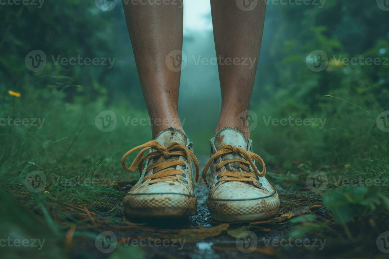 ai generado adolescente piernas en sucio zapatillas en un bosque camino foto
