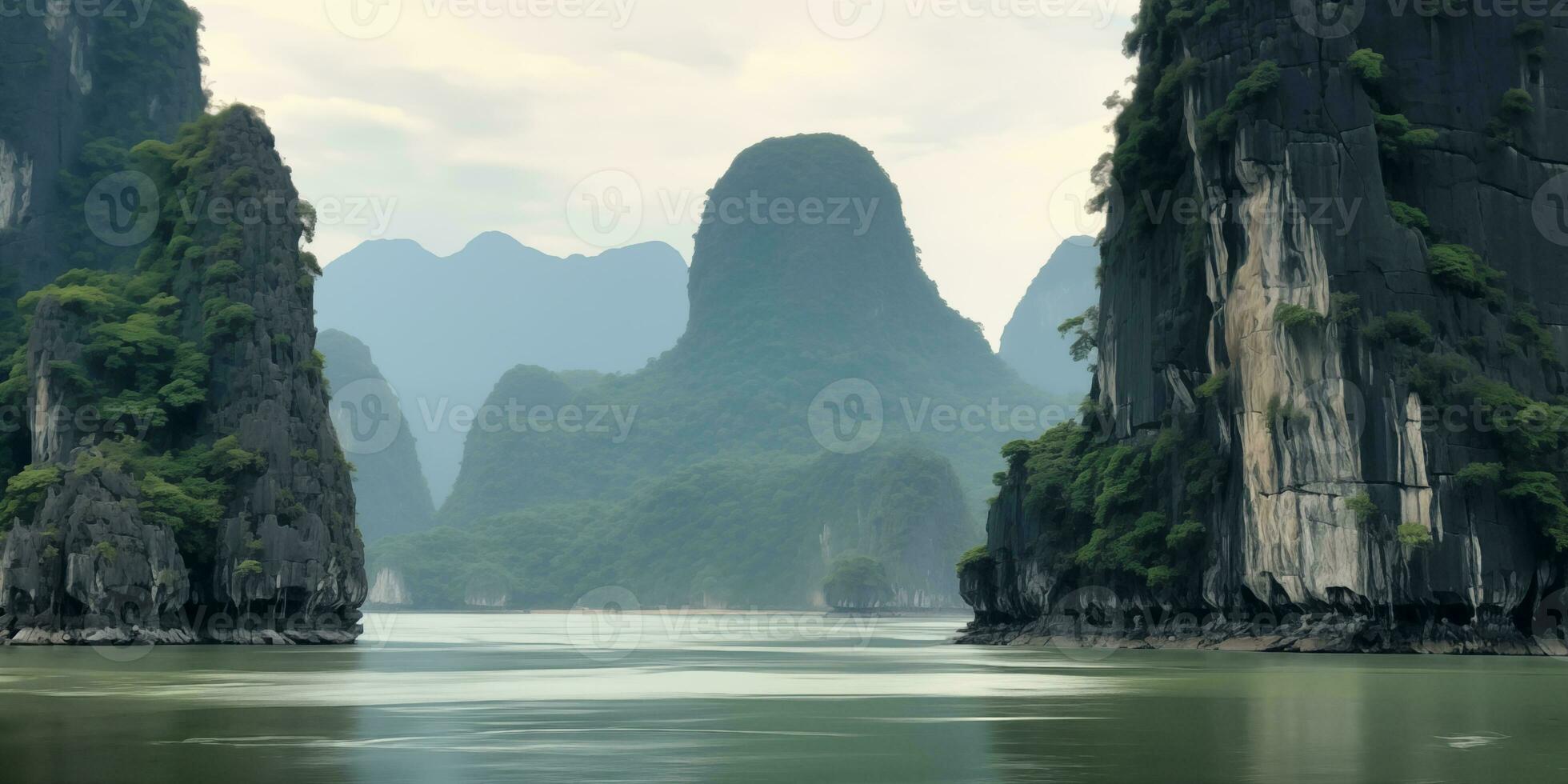 AI generated beautiful view of the sea bay with karst limestone islets and cliffs on a cloudy day photo