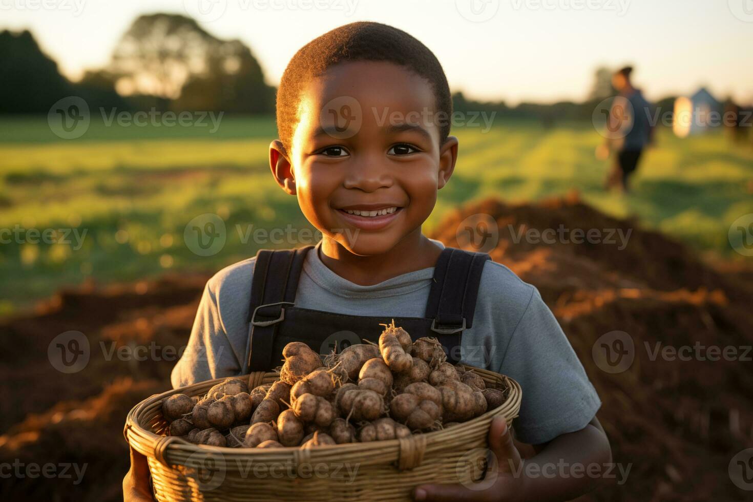 AI generated child holding a basket with harvested jerusalem artichoke tubers photo