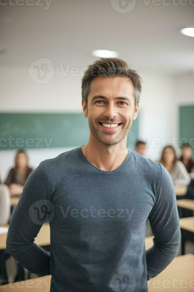 AI generated a handsome male teacher smiles in classroom with students photo