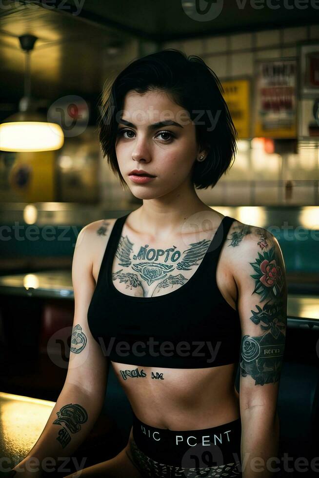 AI generated a young woman with tattoos sitting in a restaurant photo