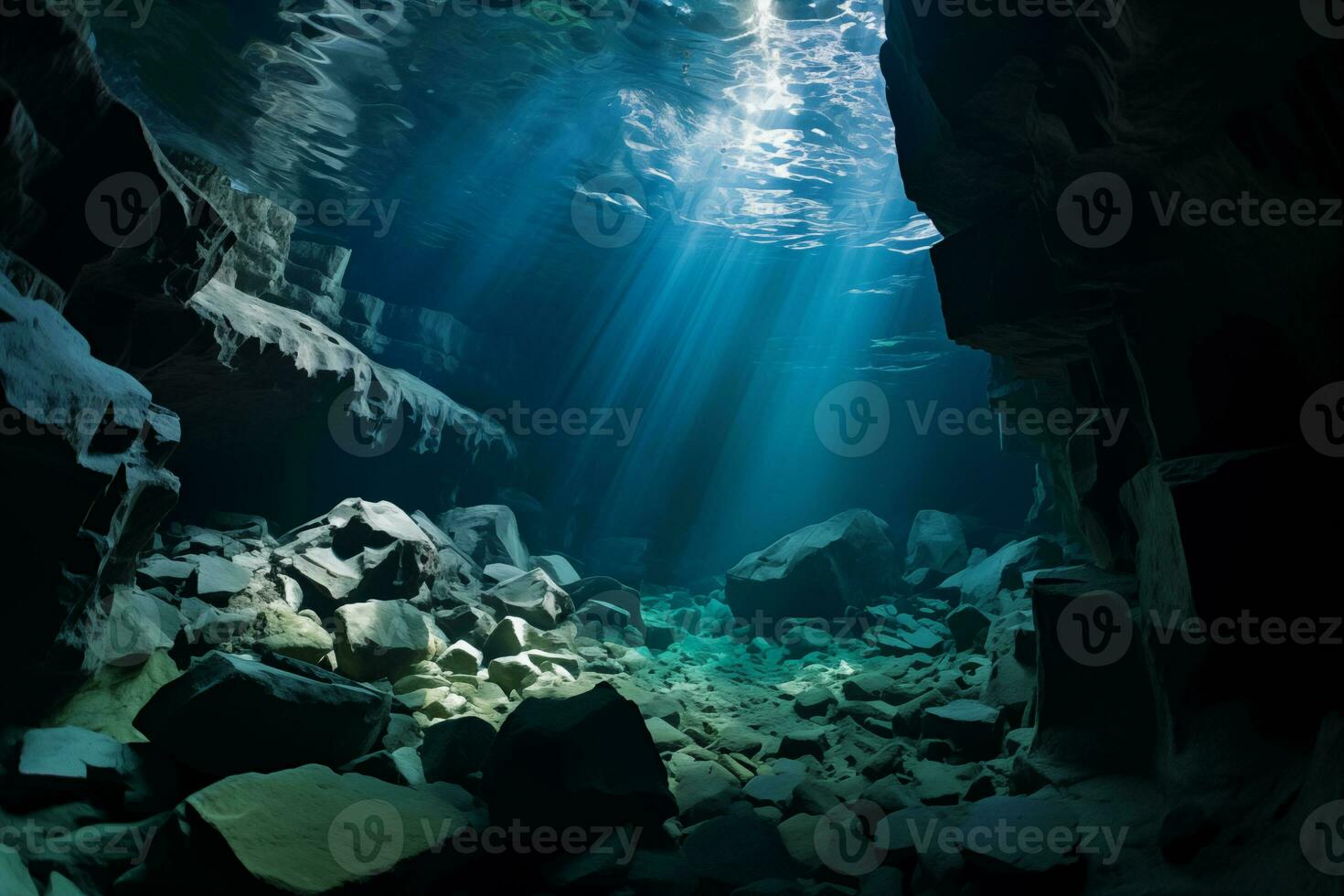 submarino cueva con luz de sol brillante mediante el agua foto