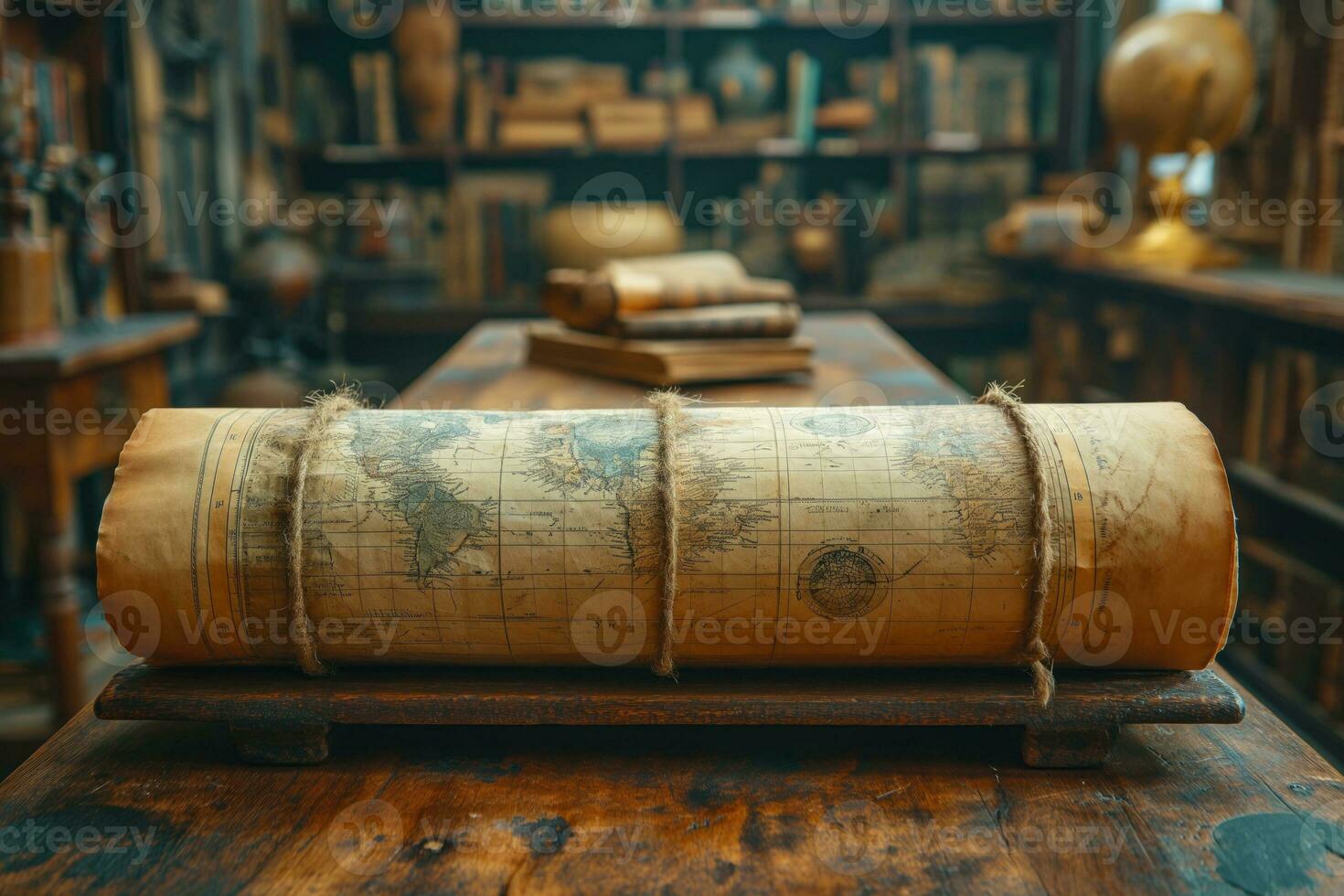 AI generated some ancient map on a scroll in victorian library photo